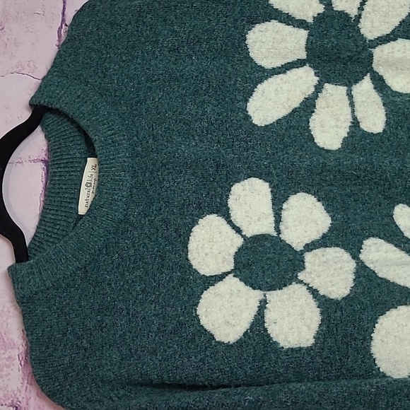 NATURAL LIFE DEEP SPECKLED GREEN HIPPIE DAISY PRINTED WOOL BLEND SWEATER XL - Picture 3 of 15
